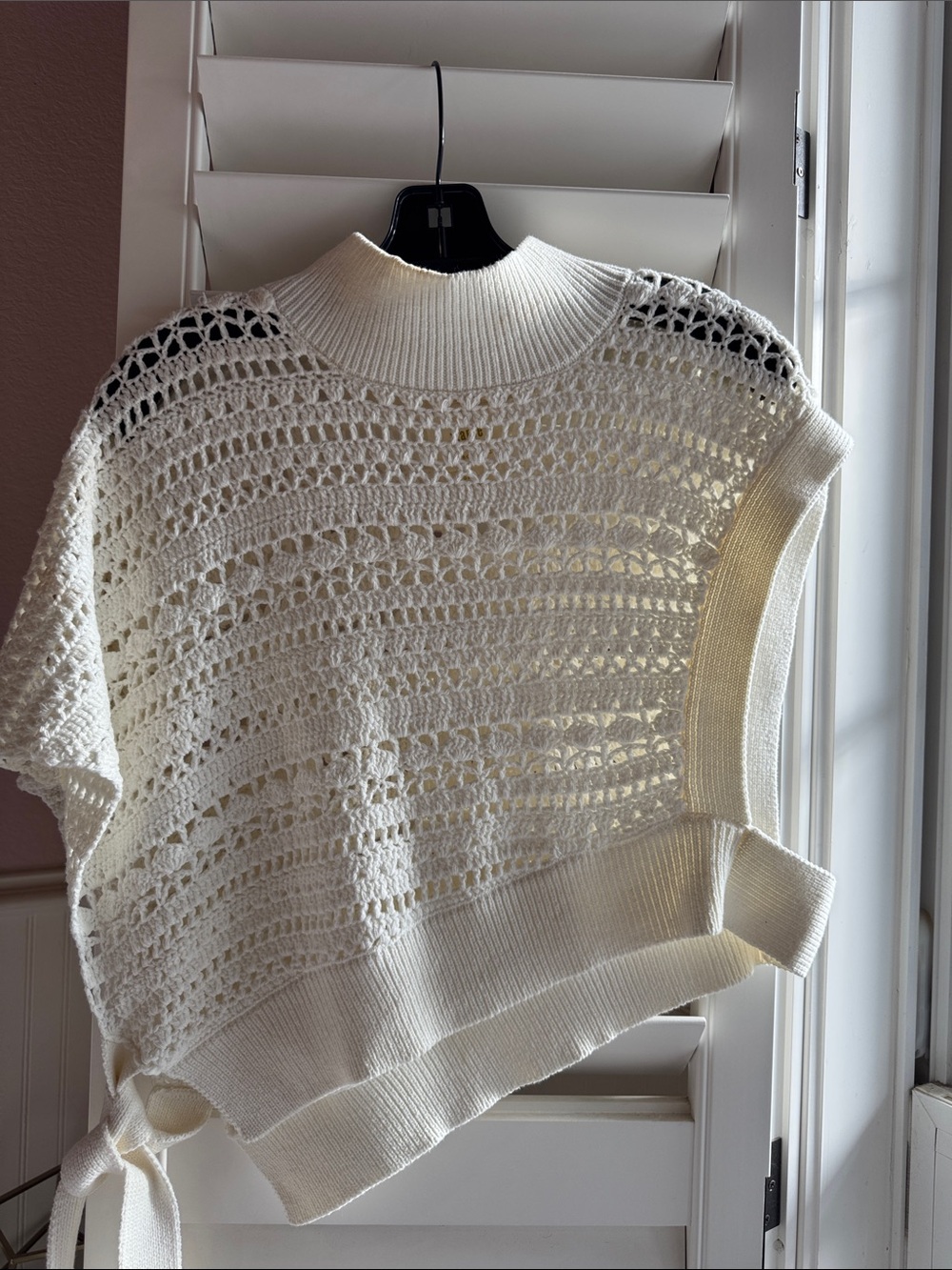 Mauve Cream Crochet Knit Poncho Sweater